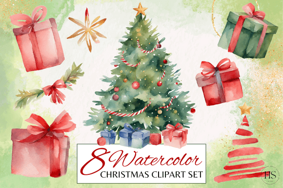 8 Watercolor Merry Christmas Clipart Set: A Festive Design Toolkit