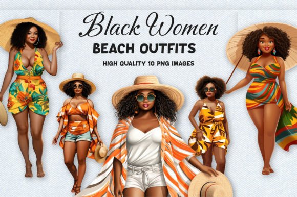 Black Women Beach Outfits Clipart PNG for Designers