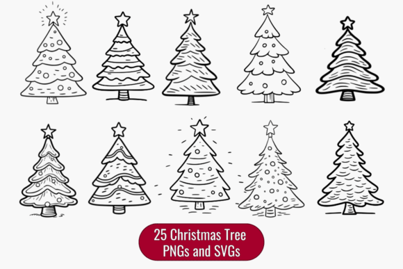 Charming Vintage Christmas Tree Doodles: A Festive Design Asset