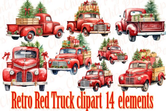Christmas Retro Truck Clipart, Watercolor Design Assets