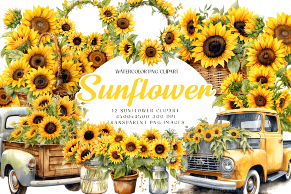 Watercolor Sunflower Clip Art: 12 PNG Files for Design Projects